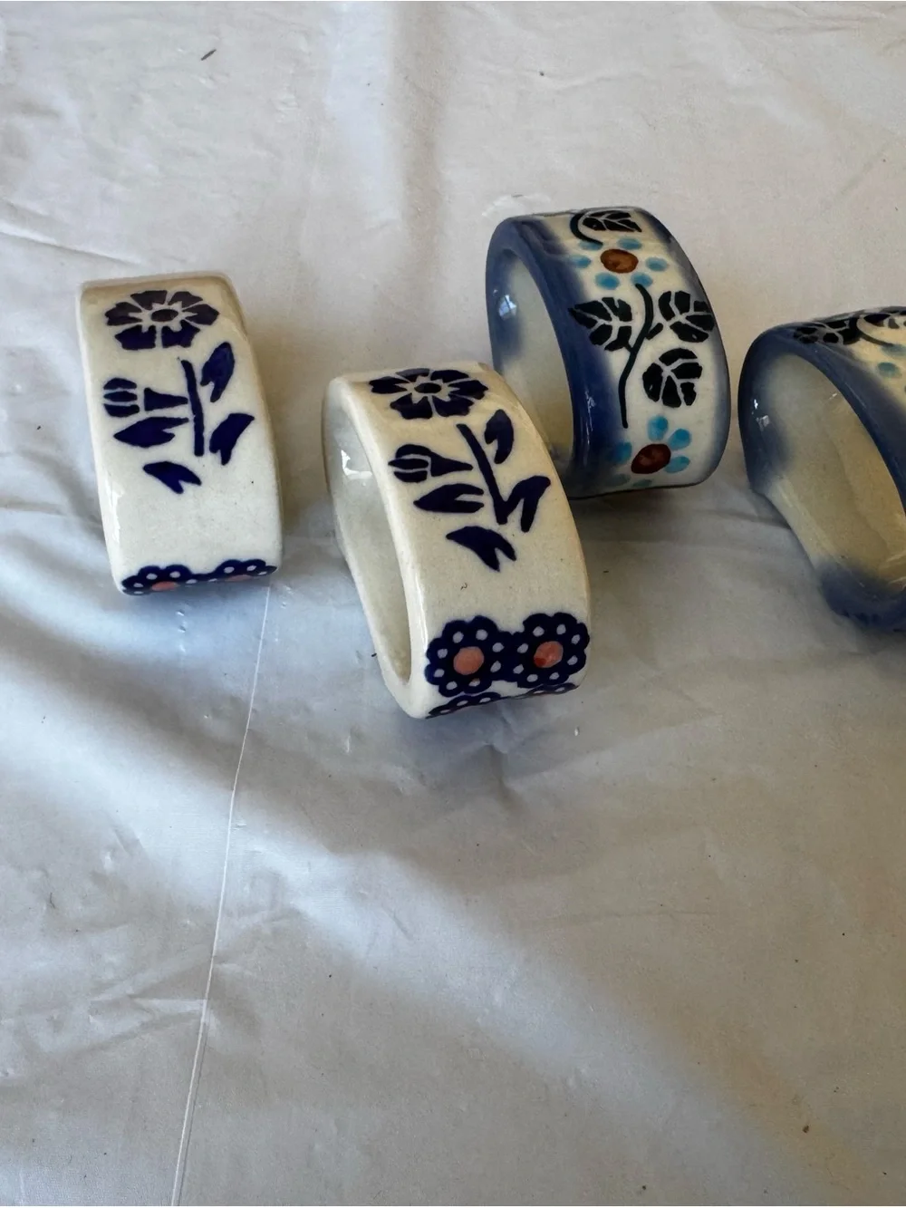 Polish Pottery Blue Floral Ceramic Napkin Rings - Set of 4